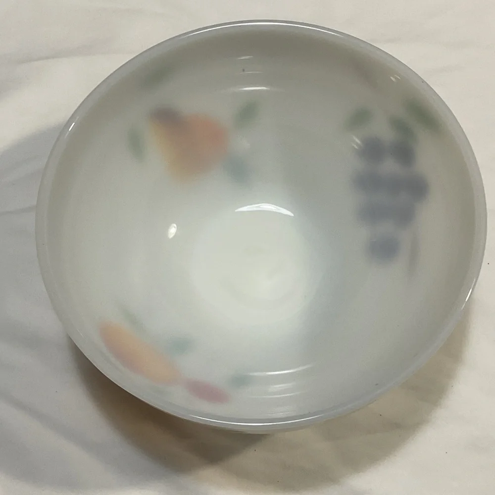 Fire King White Milk Glass Bowl with Orange, Pink and Green Fruit Motif